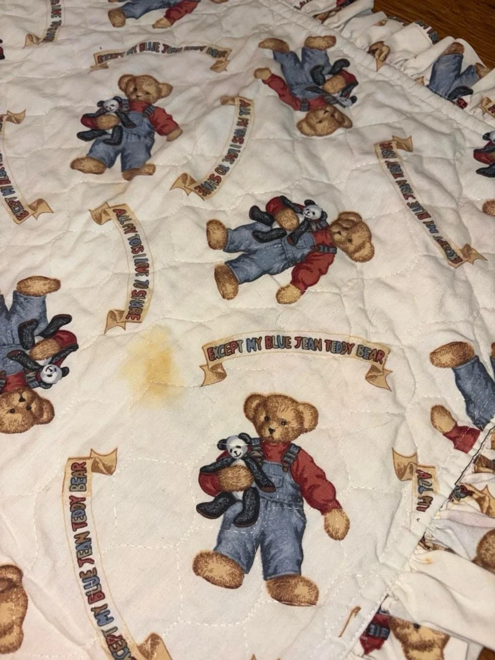 Vintage 90s blue jean teddy bear quilt 44x35